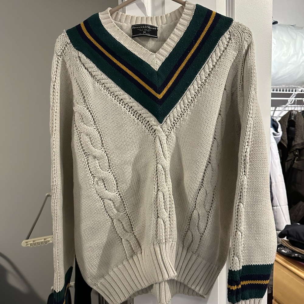 Vintage Preswick & Moore V-Neck Sweater - Cream, Green, and Gold